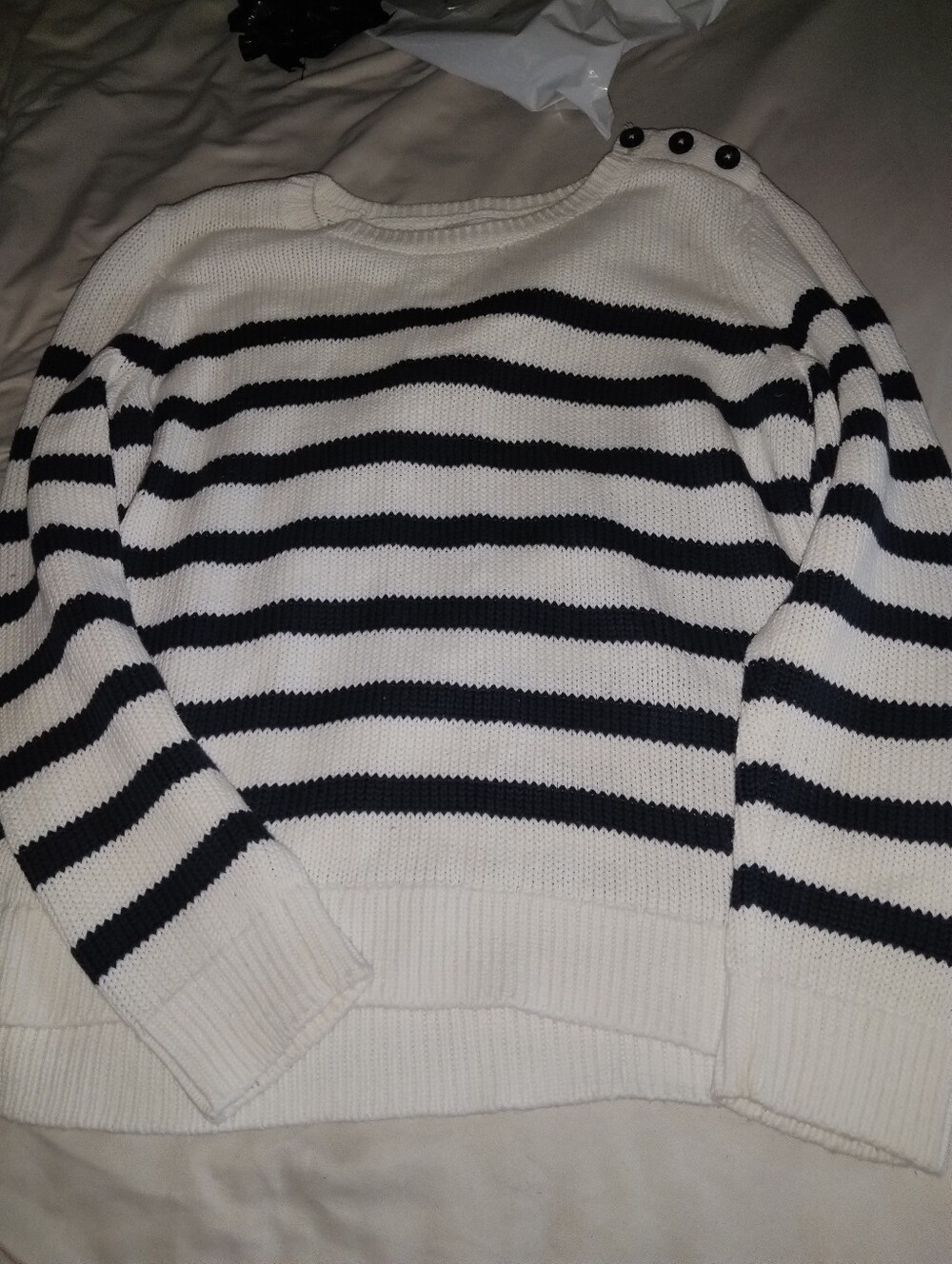 Nautica White and Black Striped Crewneck Sweater with Shoulder Buttons For Women